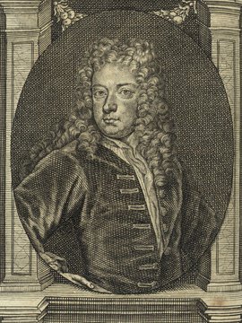 Porträt von Addison, Joseph  (Neuer Bücher-Saal der gelehrten Welt., 1715, 46. Oeffn., ungez. Bl. vor S. 689. [Zuschnitt auf Schmuckrahmen])
